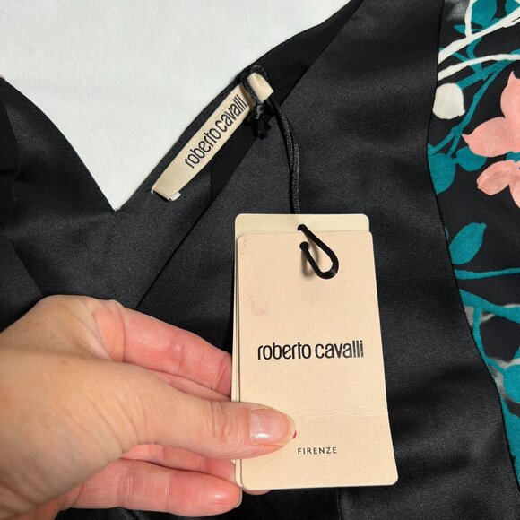 NWT roberto cavalli Dress Leaf Botanical Print Knit V-neck Black Green Pink US 6 - Picture 7 of 16